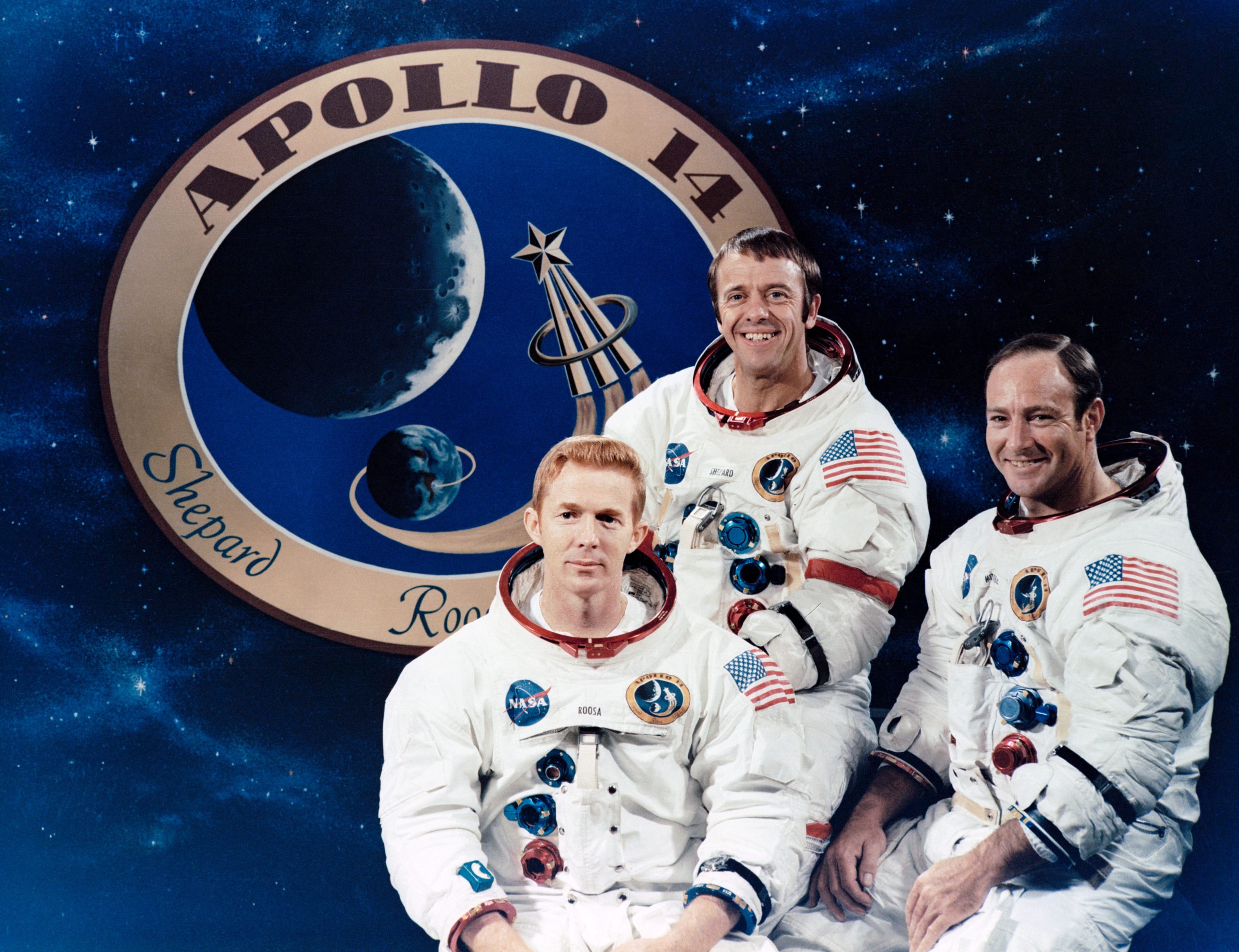 The crew of the Apollo 14 mission: (L to R) Stuart Roosa, Alan Shepard, Edgar Mitchell (Photograph: NASA, <a href='https://commons.wikimedia.org/wiki/File:The_Apollo_14_Prime_Crew_-_GPN-2000-001168.jpg' target='_blank'>Wikimedia Commons</a>)