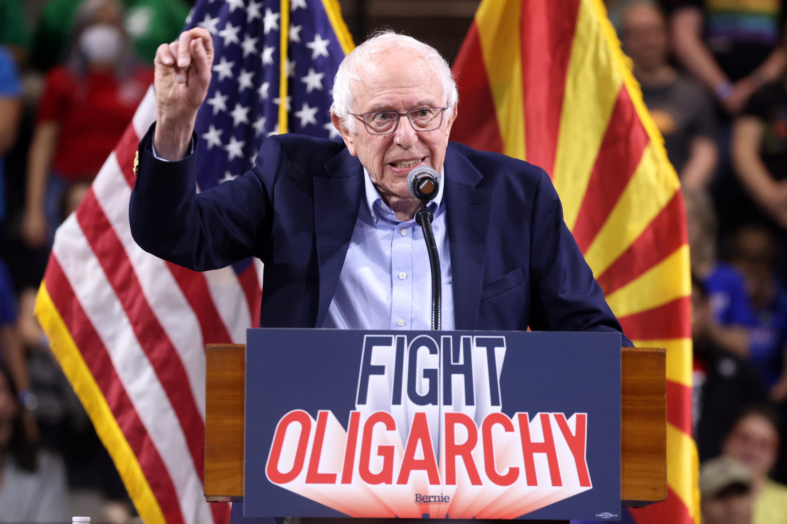 U.S. Senator Bernie Sanders speaking at a &ldquo;Fight Oligarchy&rdquo; rally at Mullett Arena in Tempe, Arizona, 20 March 2025 (Photograph: Gage Skidmore, <a href='https://commons.wikimedia.org/wiki/File:Bernie_Sanders_(54402621735).jpg' target='_blank'>Wikimedia Commons</a>)