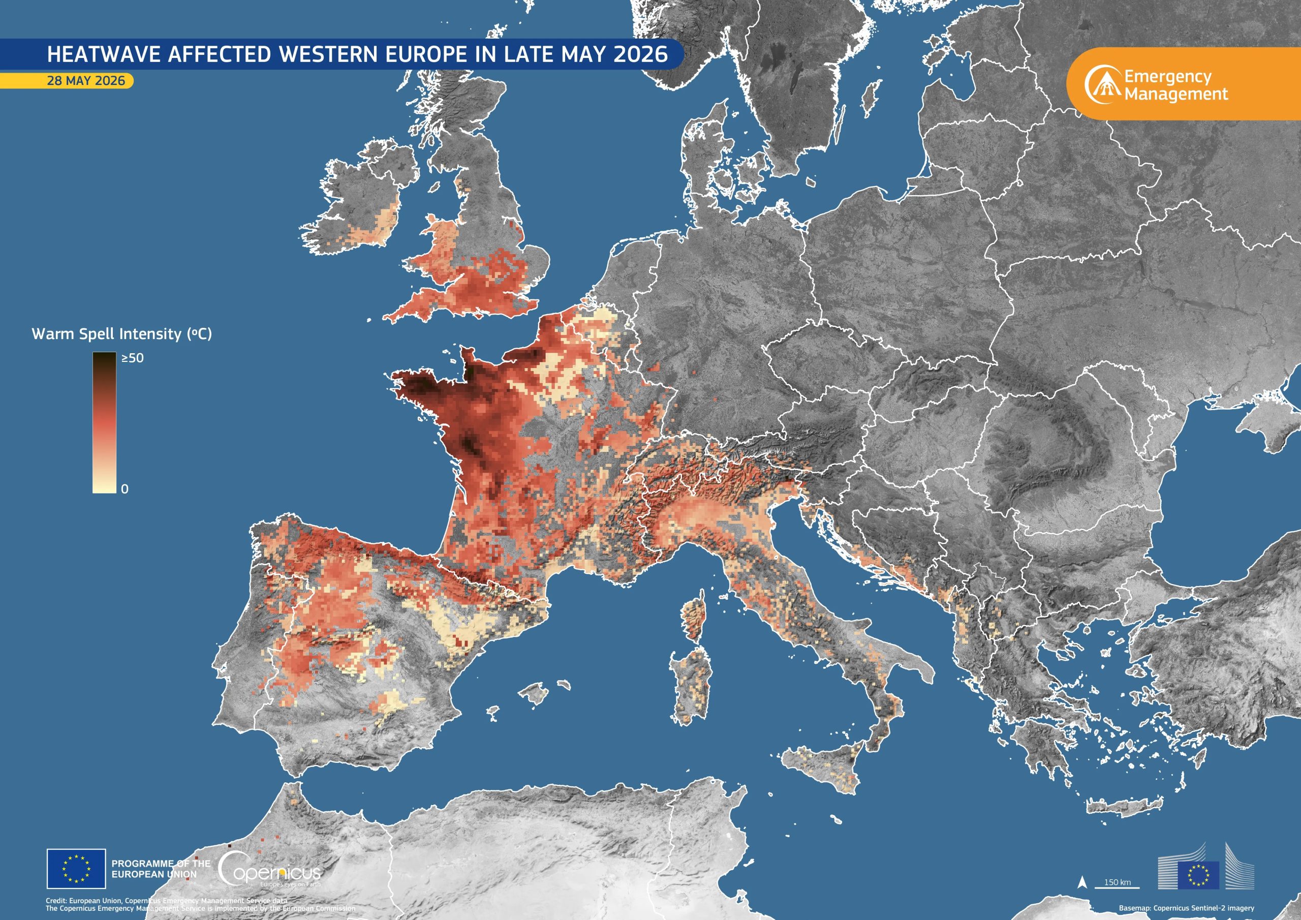 Eind mei 2026 werd West-Europa getroffen door een hittegolf (Foto: European Union, <a href='https://commons.wikimedia.org/wiki/File:Heatwave_affected_Western_Europe_in_late_May_2026_(Copernicus_2026-06-17).webp' target='_blank'>Wikimedia Commons</a>)