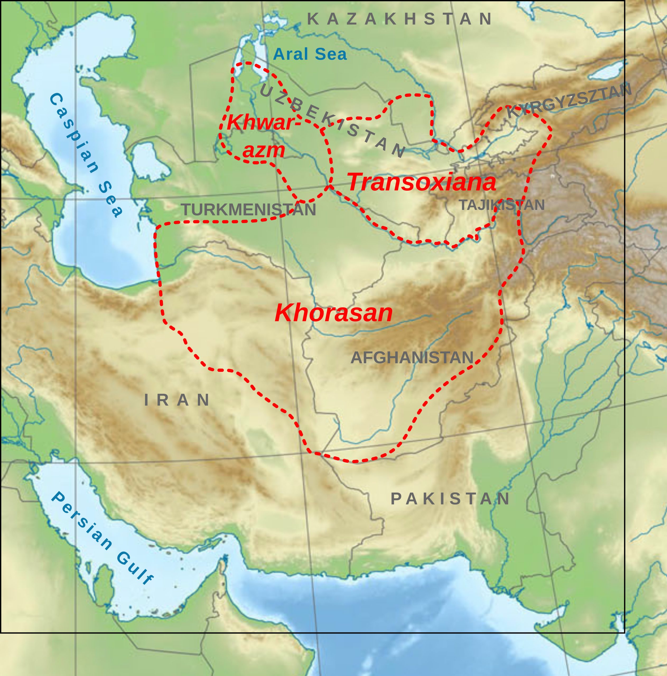 Kaart van de regio’s Khorasan, Transoxiana en Khwarazm in Centraal-Azië (Afbeelding: Hairy Dude, <a href='https://commons.wikimedia.org/wiki/File:Khorasan-Transoxiana-Khwarazm_nopaths.svg' target='_blank'>Wikimedia Commons</a>)