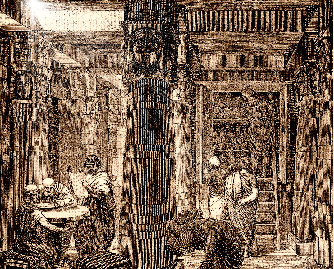 De bibliotheek van Alexandrië, gravure, 1890 (Beeld: <a href='https://commons.wikimedia.org/wiki/File:Library_of_Alexandria_(sepia).jpg' target='_blank'>Wikimedia Commons</a>)