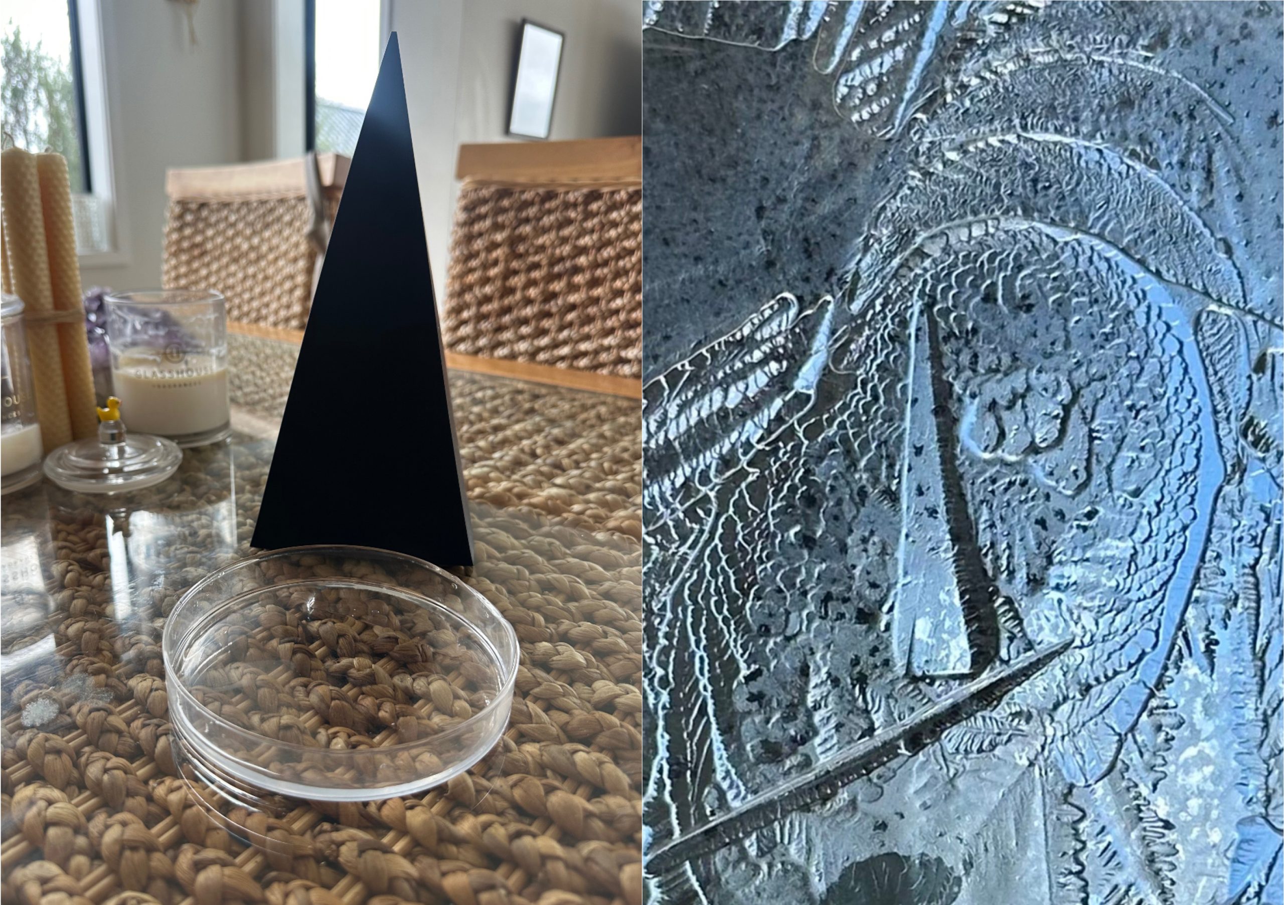 Pyramidal object next to dish, left, with ice-crystal response, right (Photograph: Veda Austin)
